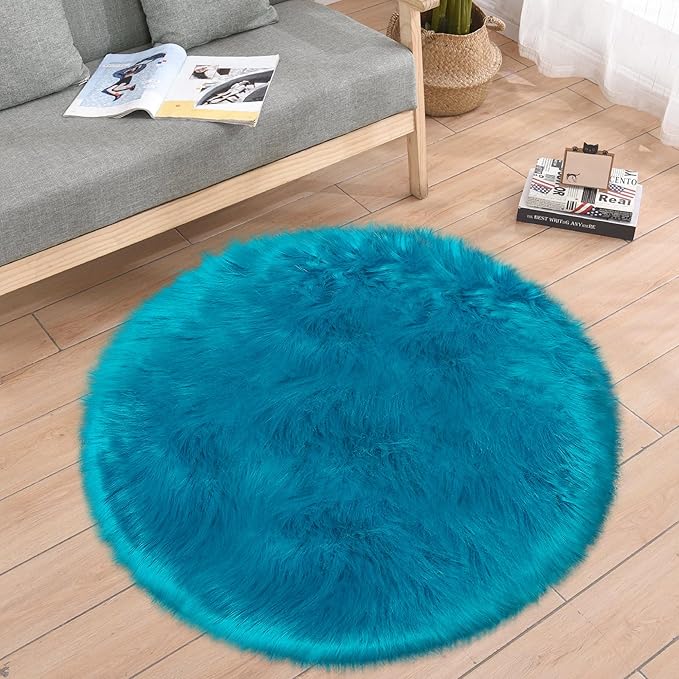 3ft Small Round Blue Rug,Thick Furry Fluffy Carpet for Teen,Sheepskin Fur Shaggy Circular Rug for Indoor Bedroom Room Living Room Nursery Decor Chair