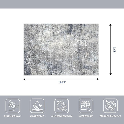 8x10 Washable Living Room Rug – Modern Neutral Abstract Large Area Rug for Bedroom Dining Room Kitchen Home Office Under Table – Non-Slip Low Pile Soft Thin Indoor Carpet（Blue Grey,8x10）