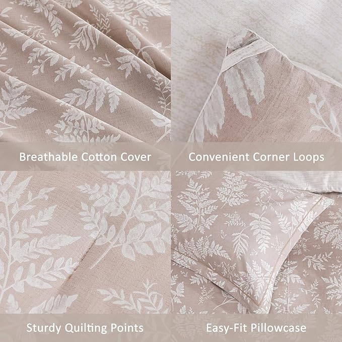 ALEISSEL Natural Cotton 3pcs Botanical Comforter Sets Queen Size-Dusty Pink Comforter with Luxurious White Leaves & Branches, Reversible Lightweight Beige Bedding Sets(Full/Queen)