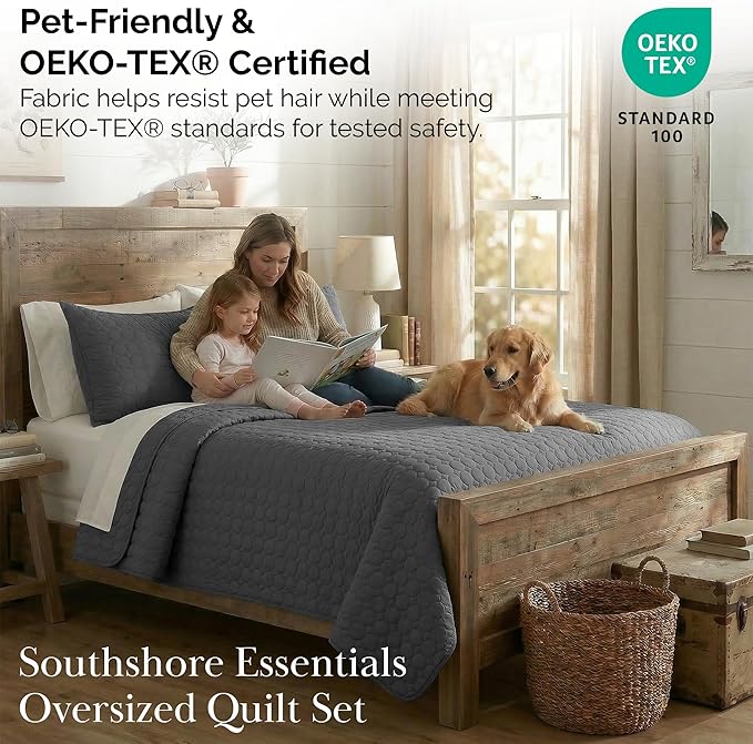 Southshore Fine Living, Inc. Oversized California King Quilts Bedding Set, Lightweight Quilt, Soft Coverlet, 3-Piece Bedspread Set with Two Matching Quilted Pillow Shams, King/California Size, Slate