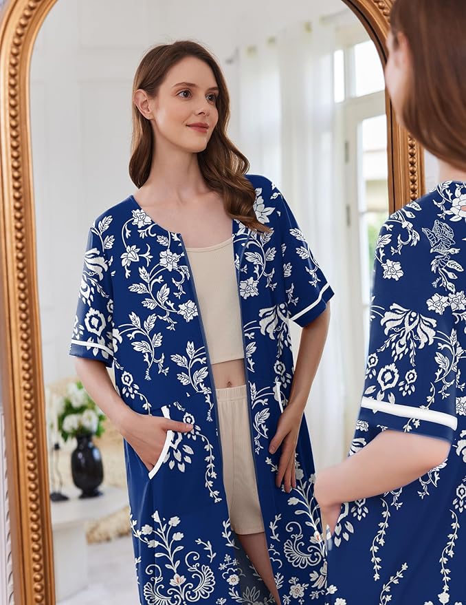 Ekouaer Women Zipper Robe Short Sleeve Duster Housecoat Short Bathrobes Zip Front Nightgown with Pockets S-3XL