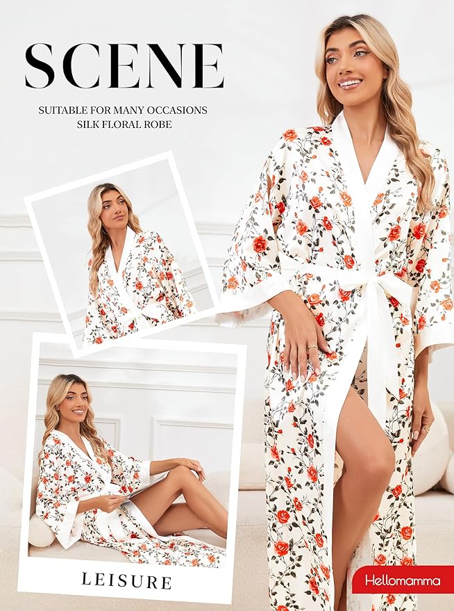 Hellomamma Womens Satin Silk Robe: Lightweight 3/4 Sleeve Comfy Floral Print Kimono Sleepwear for Bride Wedding Party Gift