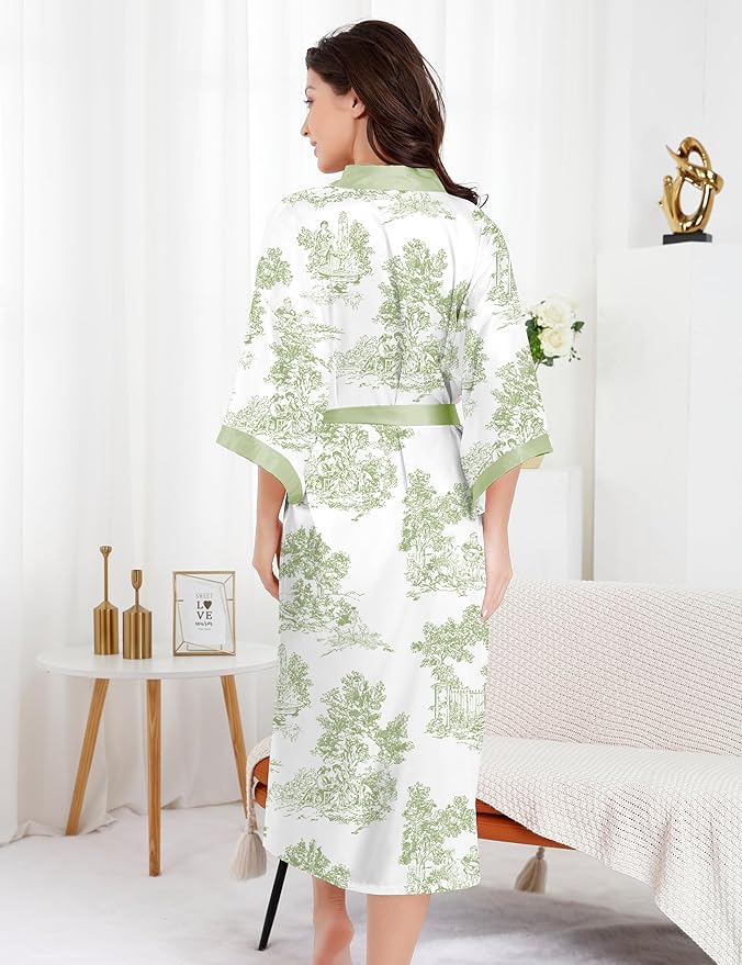EPLAZA Silk Robes for Women Satin Robe Long Sexy Print Flower Kimono Loungewear Wedding Bridal Party