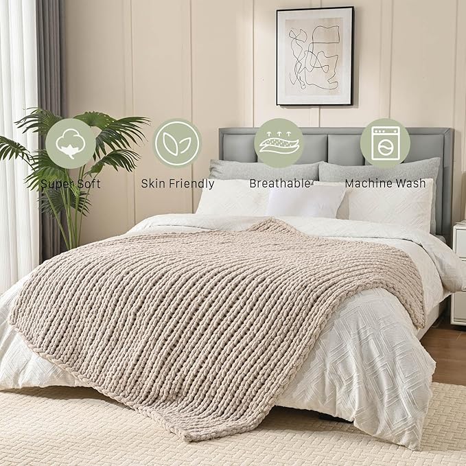 Esterra Chunky Knit Blanket Throw 50"x60", 100% Hand Knitted Chenille Throw Blanket, Cozy Soft Thick Cable Knit Throw Large Rope Knot Crochet Throw Blanket for Sofa Couch Bed, Linen Beige
