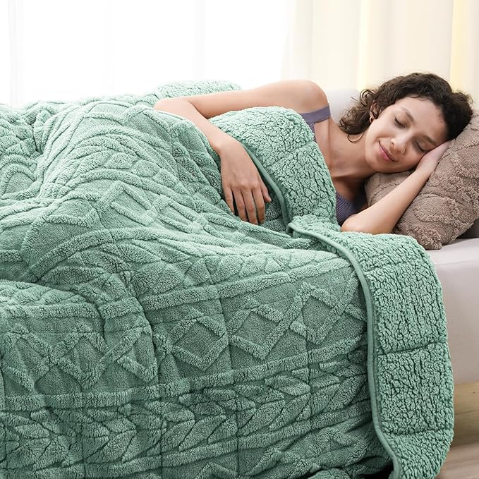 Cottonblue Jacquard Weighted Blanket 15 lbs for Adults Queen Size, Ultra Soft Sherpa Fleece Blanket for Relax and Sleep, Cozy Comfort Heavy Bed Blankets with Glass Beads, 60x80 Inches, Sage Green