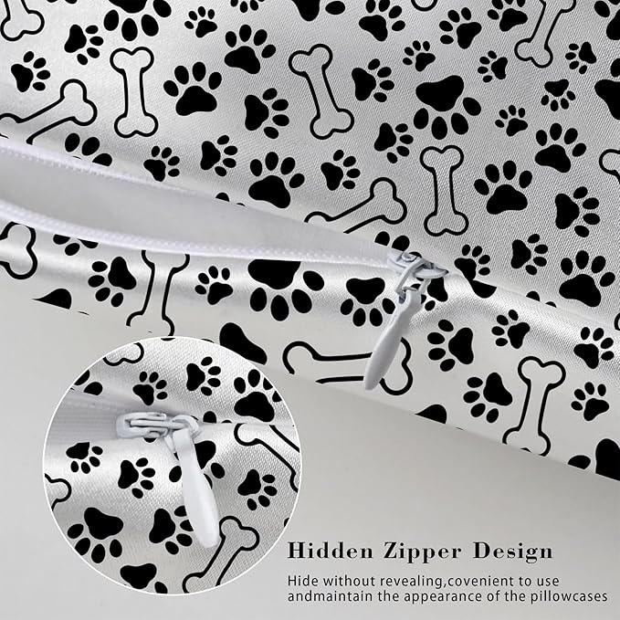 Silk Like Pillowcase for Hair and Skin Black Paw Prints and Bones 1 Pack Satin Pillowcase with Hidden Zipper Soft Breathable Smooth Cooling Pillow Cover King Size for Bedroom Sofa 20”x36”