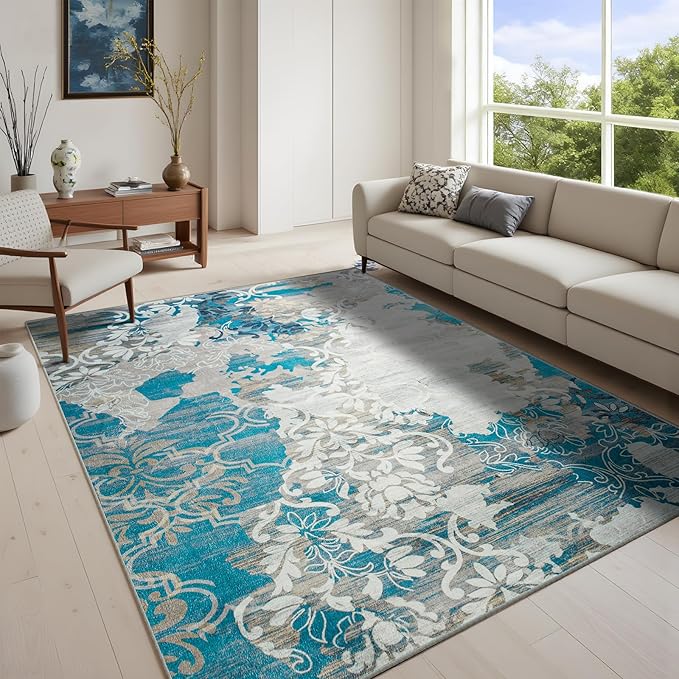 CRYPTOLITE Living Room Rug Washable Abstract Rugs with Non-Slip Backing Low Pile Area Rug for Living Room, Bedroom, Dining Room, 6x9, Blue
