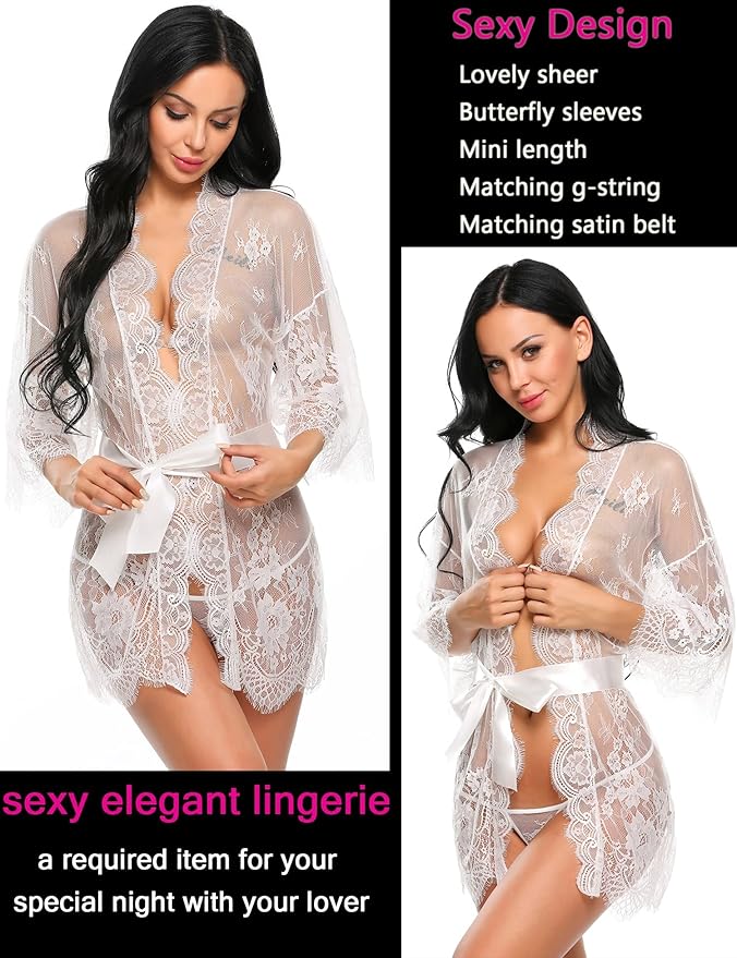 Avidlove Women's Lace Kimono Robe Babydoll Lingerie Mesh Nightgown S-5XL