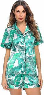 LecGee Womens Silk Satin Pajamas Short Sleeve Loungewear Two-Piece Sleepwear Button-Down Pj Set