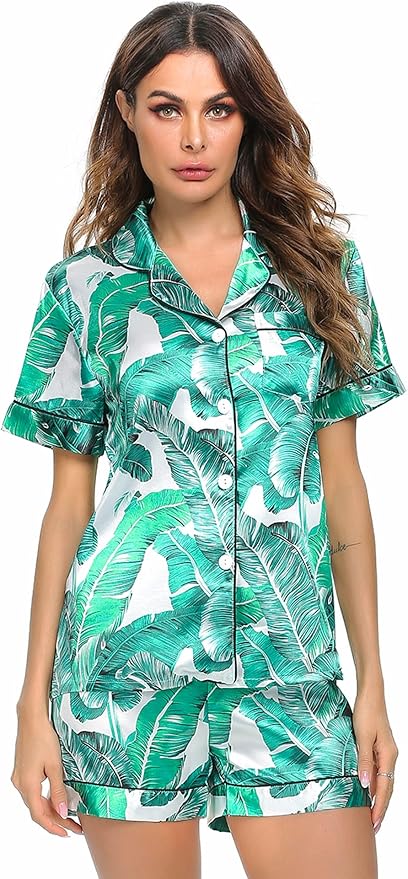 LecGee Womens Silk Satin Pajamas Short Sleeve Loungewear Two-Piece Sleepwear Button-Down Pj Set
