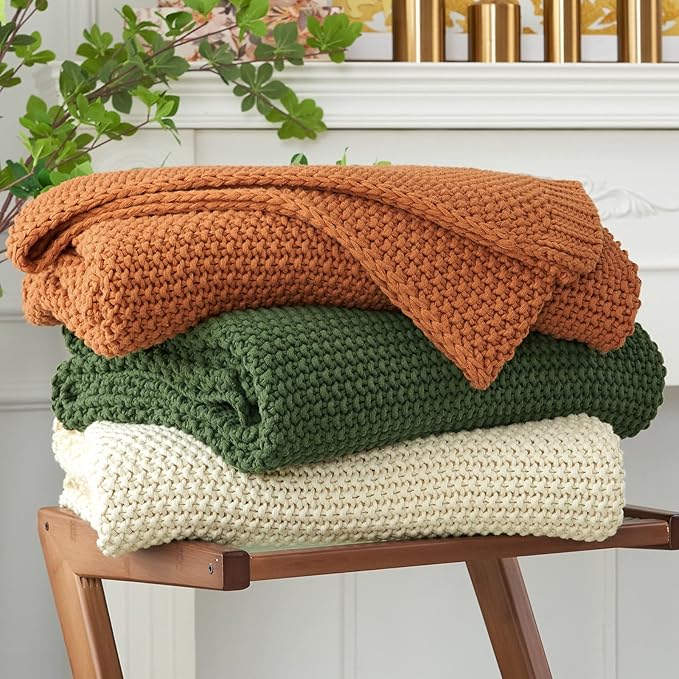 Chunky Cable Knit Throw Blanket Lightweight Beige 100% Organic Cotton Blanket for Sofa Couch Bed Baby Nursery, Rustic Shabby Chic Modern Farmhouse, 60” x 80”
