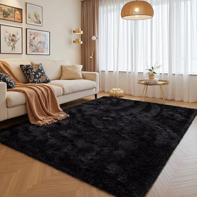 junovo 6x9 Black Washable Area Rug for Boys Bedroom Living Room, Soft Non-Slip Fluffy Rugs, Shag Plush Memory Foam Carpet for Kids Room Baby Nursery Home Decor