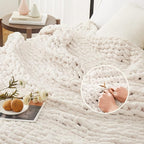 L'AGRATY Chunky Knit Blanket Throw: 80''x90'' Chenille Chunky Knitted Throw Blanket for Bed Couch - Handmade Thick Big Cable Knit Blanket - Large Chunky Crochet Rope Blanket for Home Decor(Ivory)