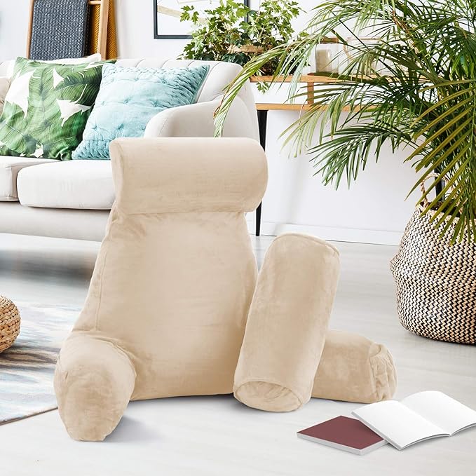 Clara Clark Reading Pillow with Shredded Memory Foam Includes 2 Neck and Lumber Support Pillows, Designed for Sitting Up in Bed and Couch, Back and Arms Adjustable Support for Adults Beige Cream