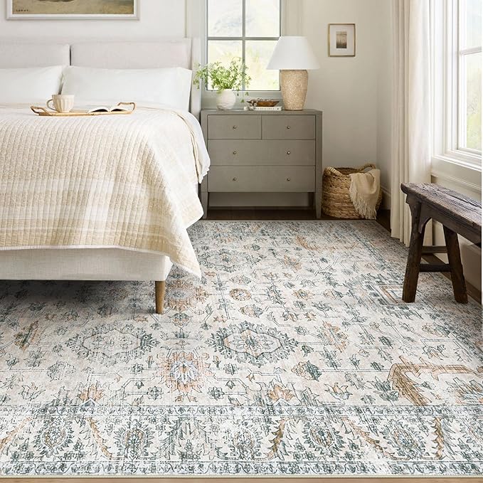 XLUEZ Area Rug 6x9 Living Room Rug, Machine Washable Vintage Distressed Boho Area Rug Non-Slip Soft Low Pile Large Indoor Rugs for Bedroom Kitchen Dining Room Office(Brown Green,6'x9')