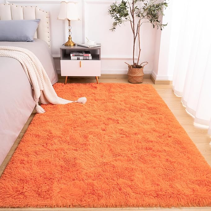 Softlife Orange Area Rug for Living Room, Fluffy Shag Plush 5x8 Rugs for Bedroom Girls, Shaggy Soft Fuzzy Kids Large Carpet for Dorm Bedside Ultra Cozy Non-Slip Indoor Decor