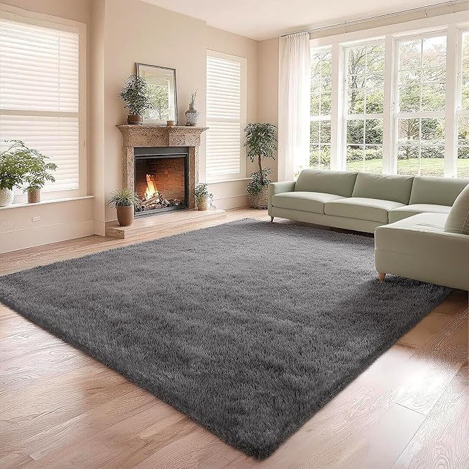 Ultra Soft Shag 8x10 Gray Area Rug – 8x10 Rugs for Living Room, Non-Slip, Fluffy Plush Large Carpet, Shaggy Furry Rug for Bedroom, Dorm, Kids and Girls Room, Nursery, Home Office Décor