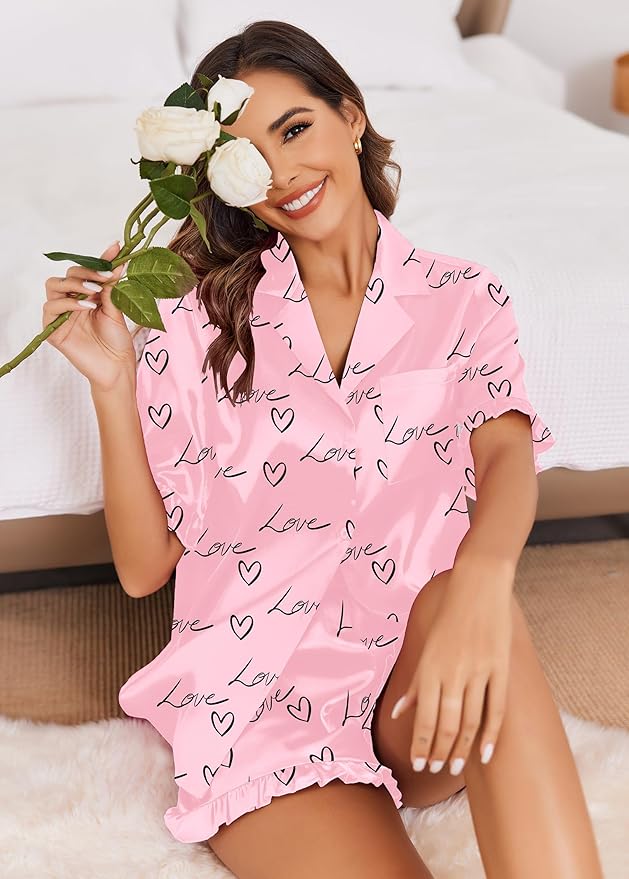 Ekouaer Satin Pajama Set for Women Button Down Silk 2 Piece Pj Sets Ruffle Short Sleeve Sleepwear