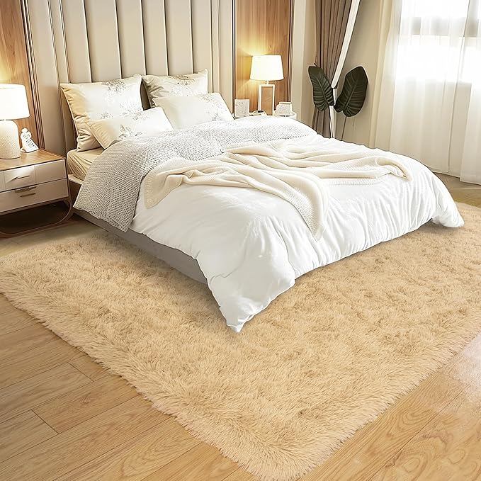 KING DARE 9x12 Area Rug for Living Room Plush Carpet, Soft Fluffy Shaggy Fuzzy Furry Large Beige Rug, Anti-Slip Washable Modern Floor Rug for Bedroom Home Aesthetic Decor
