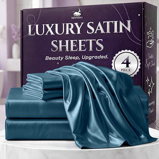 SLEEP SANCTUARY Satin Sheets King Size – 4 Piece Luxury Silky Bed Set, Softer Than Silk, 15" Deep Pocket, Cooling & Wrinkle-Free, Moisture-Wicking & Breathable for Hair & Skin (Sea Teal)