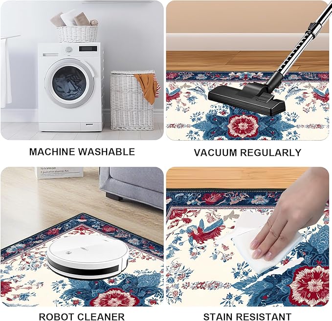 Area Rug 2x3 ft Entry Rug Washable Boho Rugs Non Slip Low Pile Floral Door Mat Small Carpet for Nursery, Bedroom, Bedside, Kids Room, Office, Dining Room