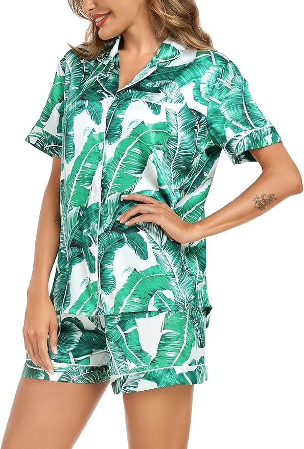 SWOMOG Satin Matching Pajamas Sets Couple Silk Button Down Nightwear Women & Men Short Sleeve Sleepwear 2 Pieces Loungewear