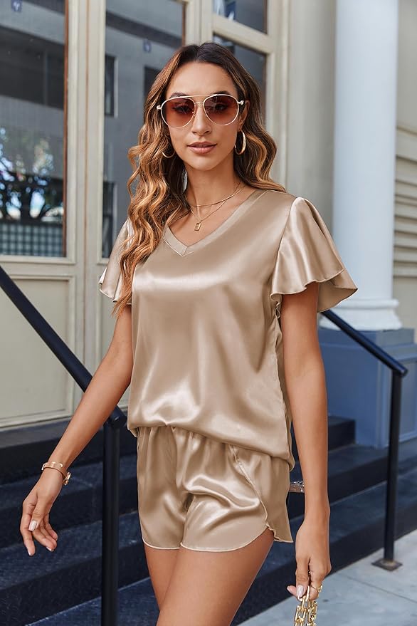 Ekouaer Women Satin Pajamas Set Ruffle Sleeves Silk Pj Set Soft V Neck Sleepwear Loungewear