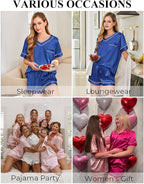 Silk Pajamas for Women Short Sleeve Satin 2 Piece Pj Set Soft V Neck Sleepwear Loungewear, S-XXL