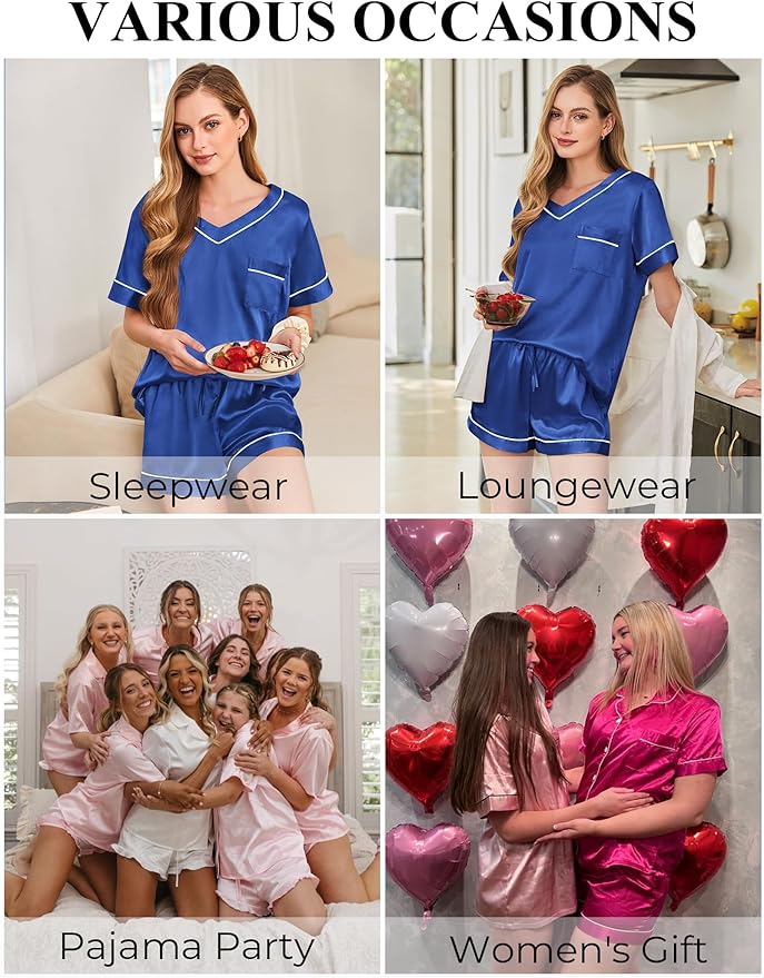 Silk Pajamas for Women Short Sleeve Satin 2 Piece Pj Set Soft V Neck Sleepwear Loungewear, S-XXL