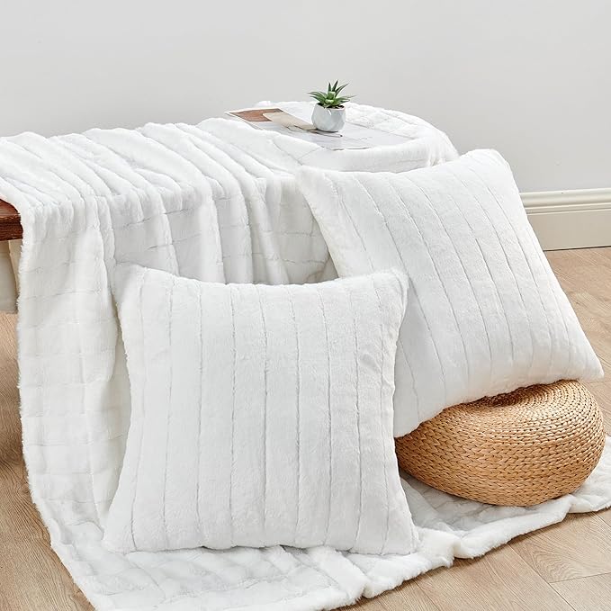 Striped Throw Blanket and Pillow Covers Set (No Inserts) for Couch and Bed, Plush Warm Lightweight Fuzzy Faux Fur Blanket for All Seasons (60" x 80", Pure White)