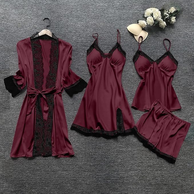 Women's 4pcs Silk Satin Pajamas Set Floral Lace Trim Dress with Robe Lounge Sleepwear Nightdress Novelty Loungewear