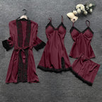 Women's 4pcs Silk Satin Pajamas Set Floral Lace Trim Dress with Robe Lounge Sleepwear Nightdress Novelty Loungewear