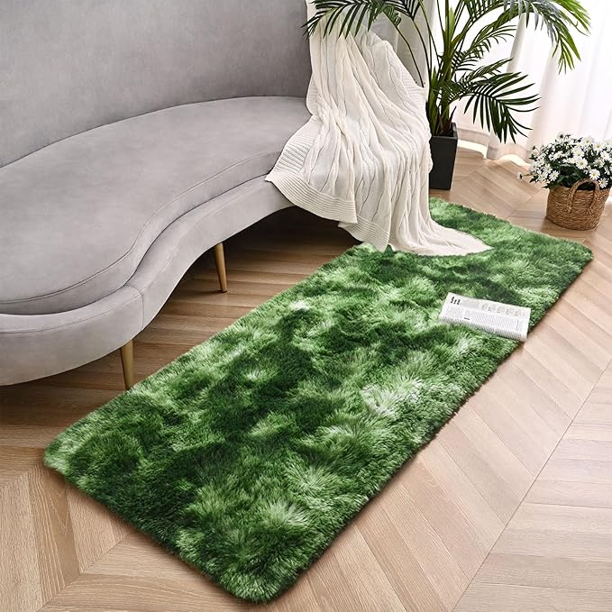 Tie-Dyed Green Runner Area Rugs for Bedroom Living Room, 2x6 Feet Fluffy Bedside Rugs, Soft Shaggy Carpet Rug for Kids Room Nursery, Furry Cute Rugs for Girls Boys Dorm Room Home Decor