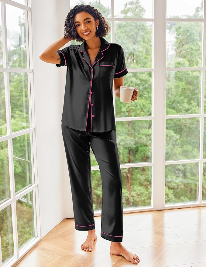 Ekouaer Silk Satin Pajamas Set Women Short Sleeve Sleepwear Soft Button Down Loungewear Pjs Set