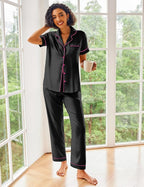 Ekouaer Silk Satin Pajamas Set Women Short Sleeve Sleepwear Soft Button Down Loungewear Pjs Set