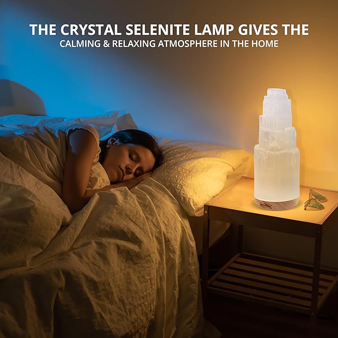Himalayan Glow Selenite Crystal Lamp 20 cm, Hand Curved Moroccan Charging Station, Crystals and Healing Stones, Electric Cord with Dimmer Switch For Home Decor & Spiritual Protection 4-7 Lbs