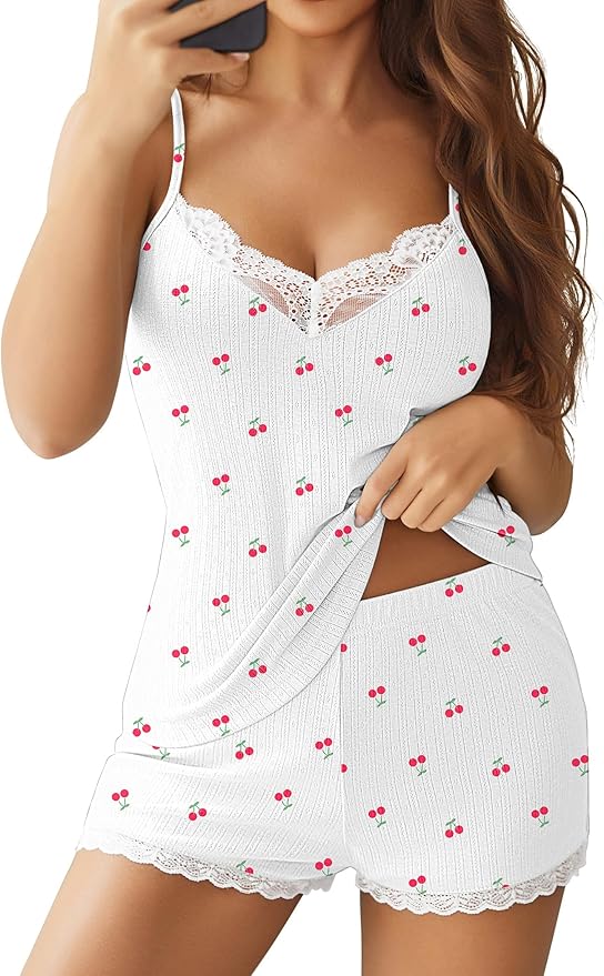 Ekouaer Womens Pajama Sets 2 Piece Lingerie Sleepwear Cute Cami Shorts Pjs Set Soft V Neck Lace Trim Nightwear