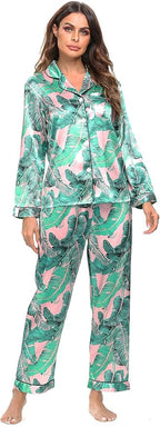 SWOMOG Womens Silk Satin Pajamas Set Long Sleeve Button Down Sleepwear 2 Piece Lounge Set Pj Set XS-3XL