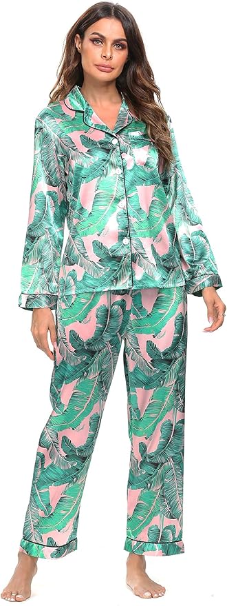 SWOMOG Womens Silk Satin Pajamas Set Long Sleeve Button Down Sleepwear 2 Piece Lounge Set Pj Set XS-3XL