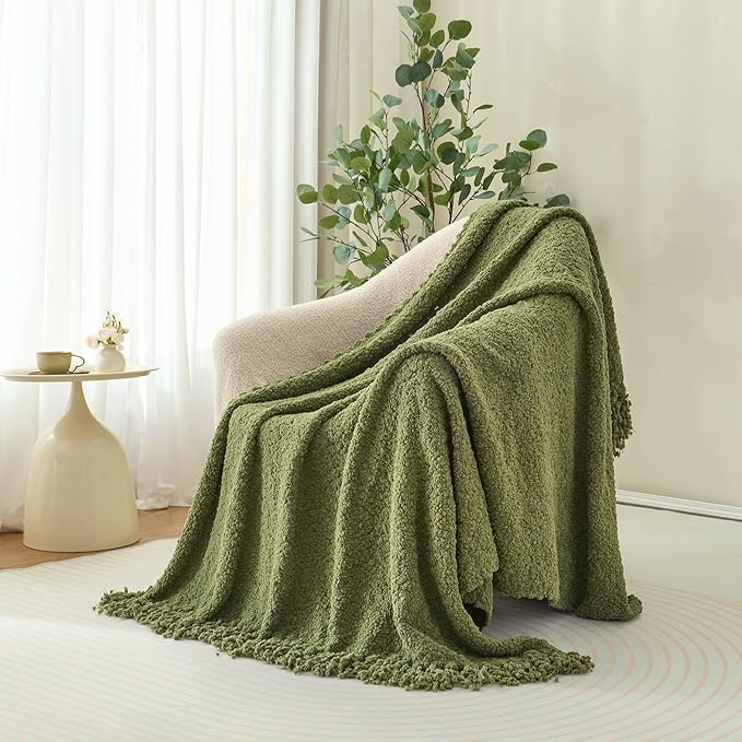 Throw Blanket for Couch, Olive Green Luxury Knitted Throws 60"x80", Textured Blankets with Handmade Fringe Tassels for Bed Sofa Decorative, Chunky Soft Farmhouse Boho Home Decor