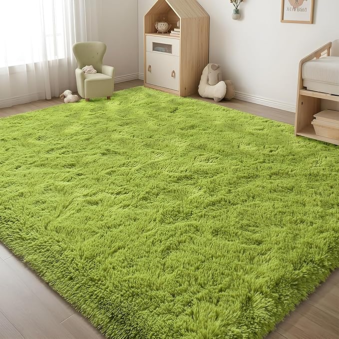 ISEAU 3x5 Area Rug for Living Room, Green Rugs for Bedroom, Kitchen, Soft Shaggy Carpets, Fluffy and Machine Washable Mats, Under Bed, On Nursery Floors Mat, Boys, Girls Room Carpet Decor