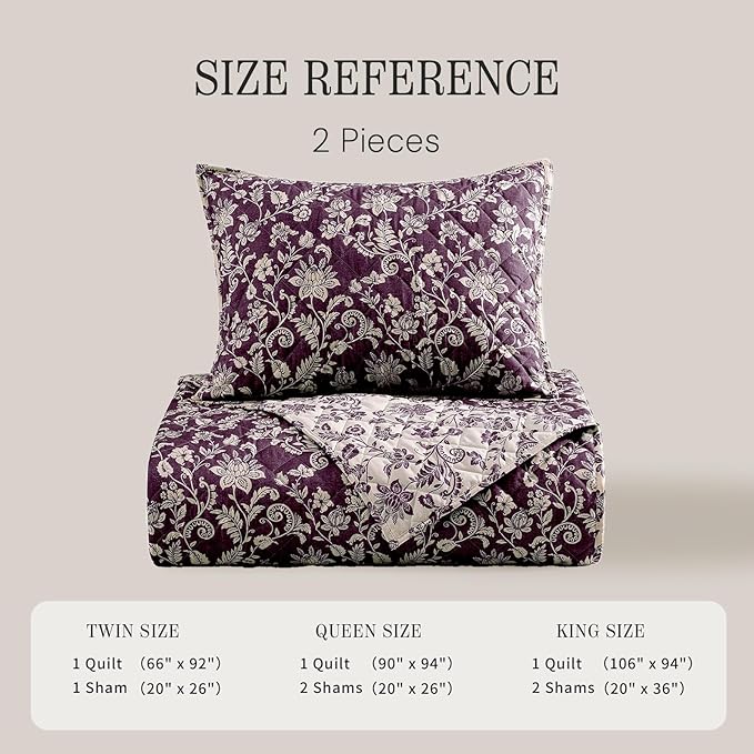 BLOOMHAVEN Quilt Set Twin Size, Italian Plum Floral Quilt Sets, Reversible Bedspread Lightweight and Breathable for All Seasons, Soft Quilted Bedspread with 1 Pillow Sham