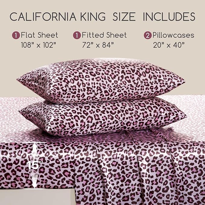 MR&HM Satin Bed Sheets, California King Size Sheets Set, 4 Pcs Silky Bedding Set with 15 Inches Deep Pocket for Mattress (California King, Pink Leopard)