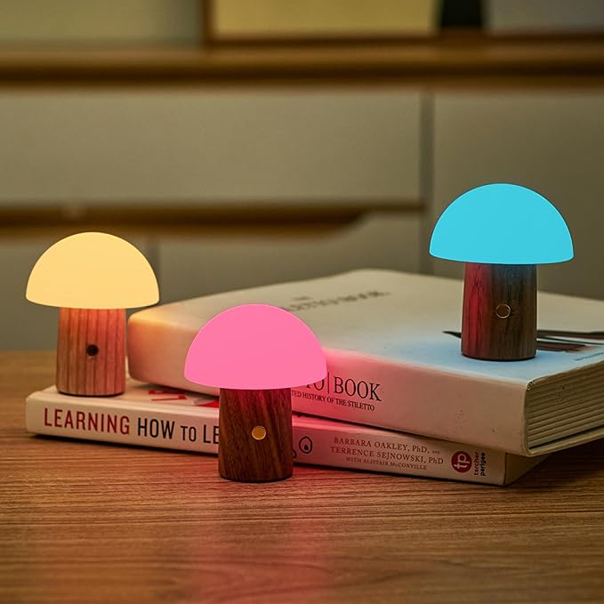 Gingko 7 Colour Changing RGB Alice Mushroom Lamp, Mood Light and Night Lights, Long Life Battery, USB-C Charging, 3 Light Modes, FSC Certified Wood with Frosted ABS Shade (White Ash, Super Mini)