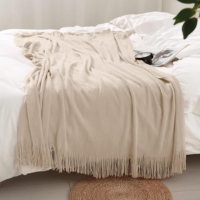 Homiest Decorative Knitted Throw Blanket with Fringe, Lightweight Acrylic Knit, Soft & Cozy Tassel Blanket for Couch, Sofa, Bed (Taupe, 50 x 60 Inch)