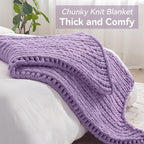 Negwoo Chunky Knit Throw Blanket, 50''*60'' Knitted Throw Chenille Yarn for Bed Couch, Handmade Light Purple Crochet Big Thick Blanket, Machine Washable Cute Comfy Blanket for Home Decor
