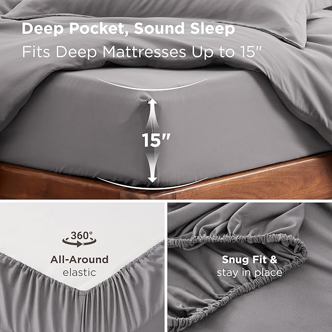 Bedsure Duvet Cover with Fitted Sheet Queen - Cooling Deep Pocket, Hotel Luxury Soft Double Brushed Bedding Set with Zipper Closure, 1 Duvet Cover, 1 Fitted Sheet, 2 Pillow Shams, NO Comforter, Grey