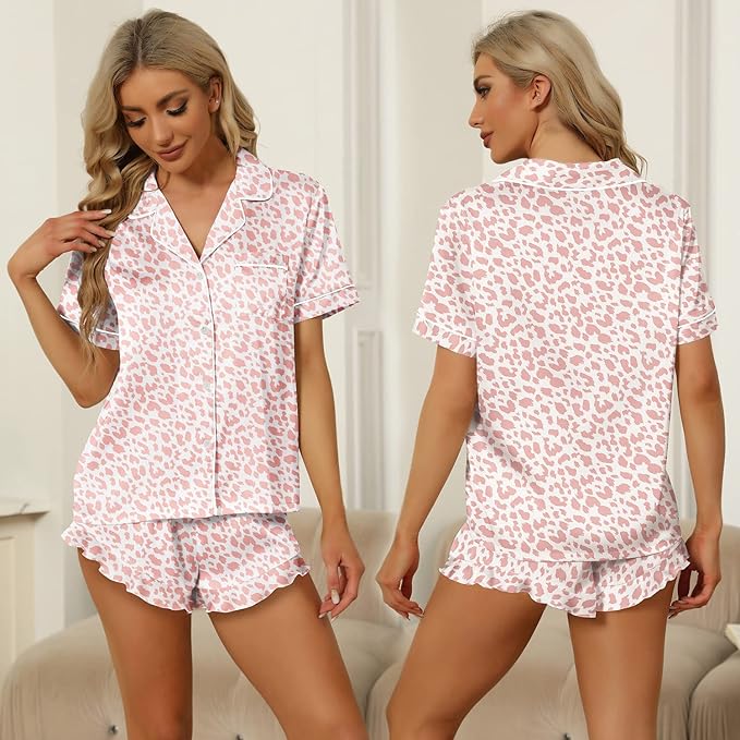 SAPJON Satin Silk Pajamas for Women 2Pcs Ruffle Notch Collar Sleepwear Button Down Short Sleeve Shorts Pjs Set Loungewear