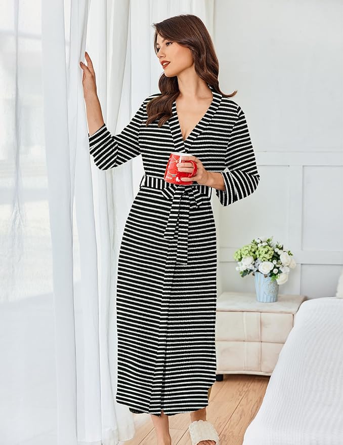 Ekouaer Women's Robe Long Waffle Knit Bathrobe Lightweight Soft Kimono Robes Loungewear S-XXL