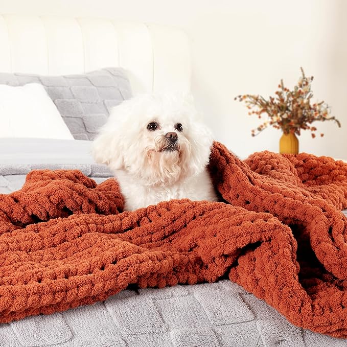 Amélie Home Chunky Knit Throw Blanket for Couch, Soft Chenille Handmade Crochet Throw Rope Knot Blanket for Couch, 50"x60", Burnt Orange